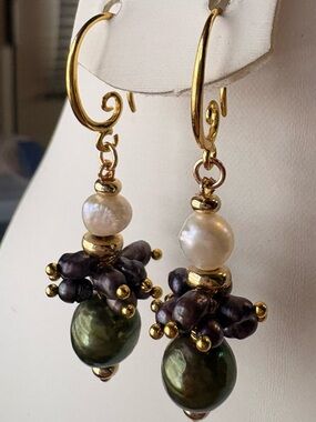 Artisan Handmade Freshwater Pearl Gold Drop Dangle Earrings Green Purple